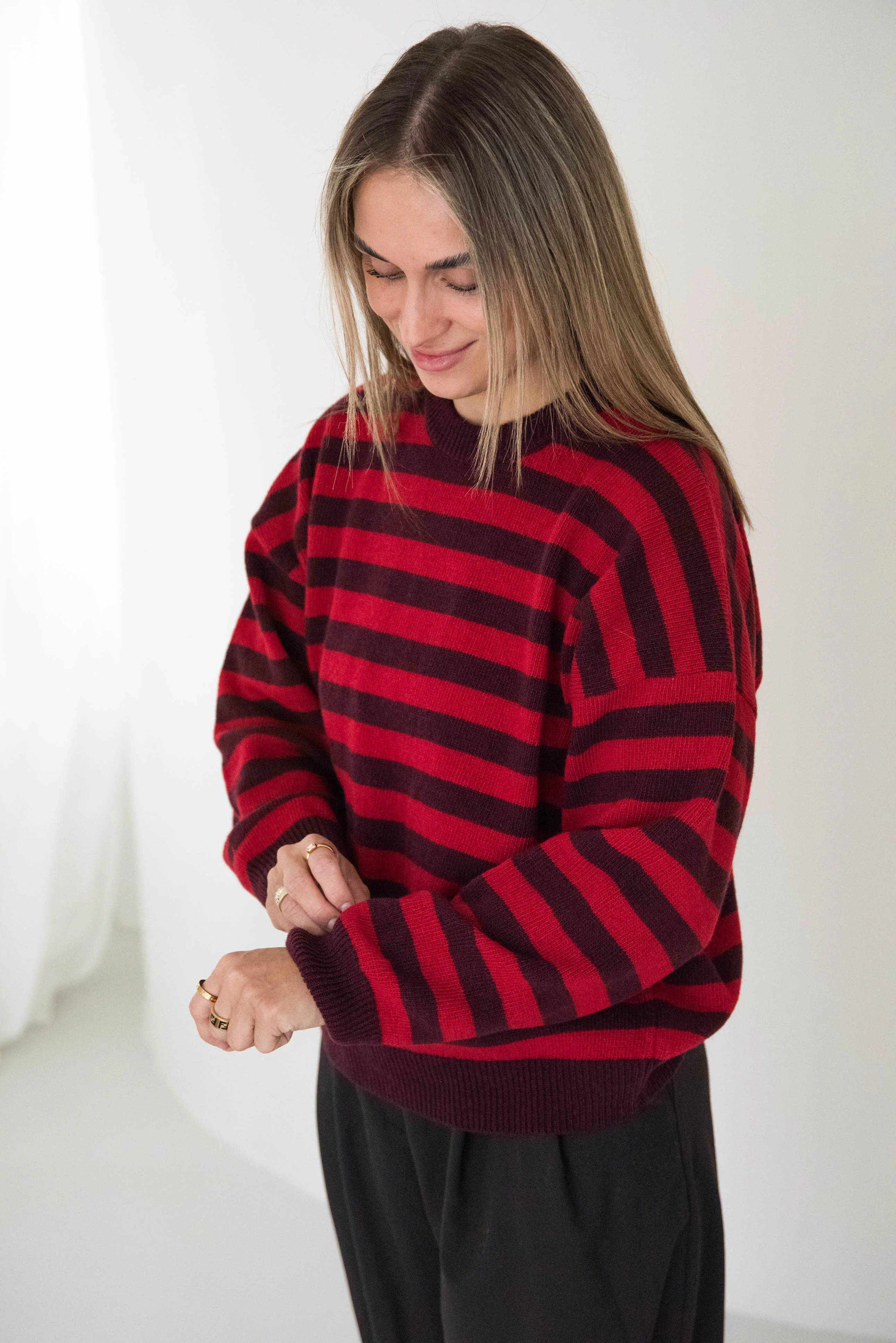 WOMEN MERINO WOOL KNIT PULLI STRIPED BURGUNDY/CHERRY - Image 3