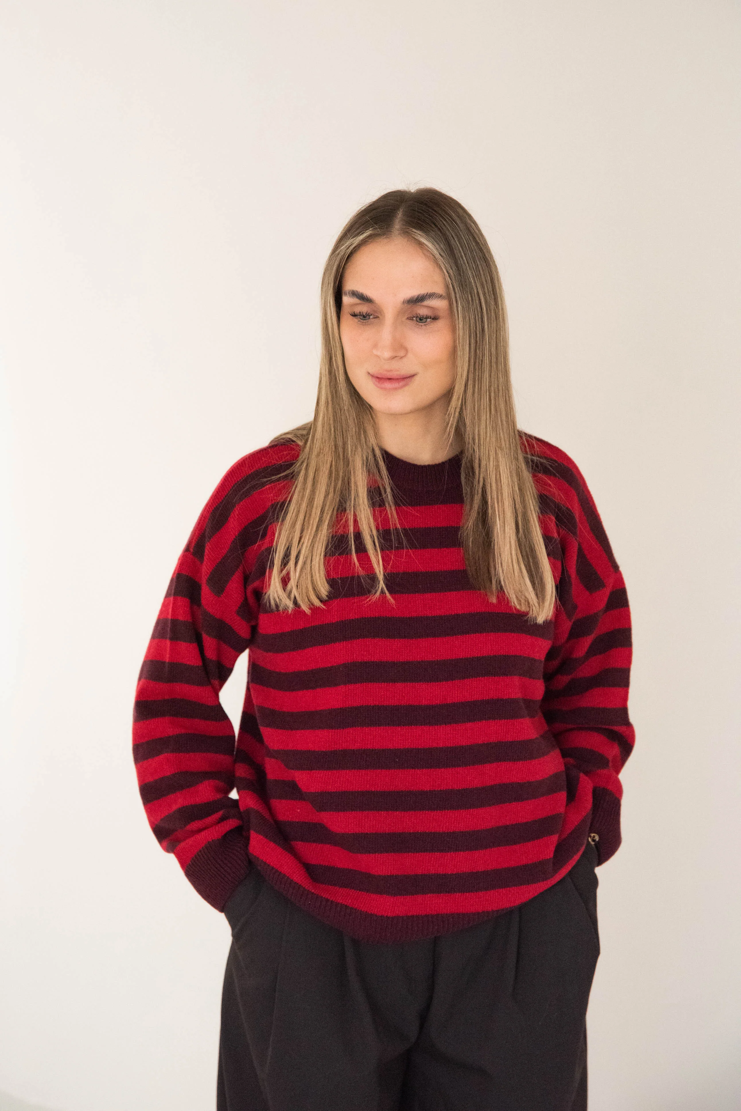 WOMEN MERINO WOOL KNIT PULLI STRIPED BURGUNDY/CHERRY - Image 6