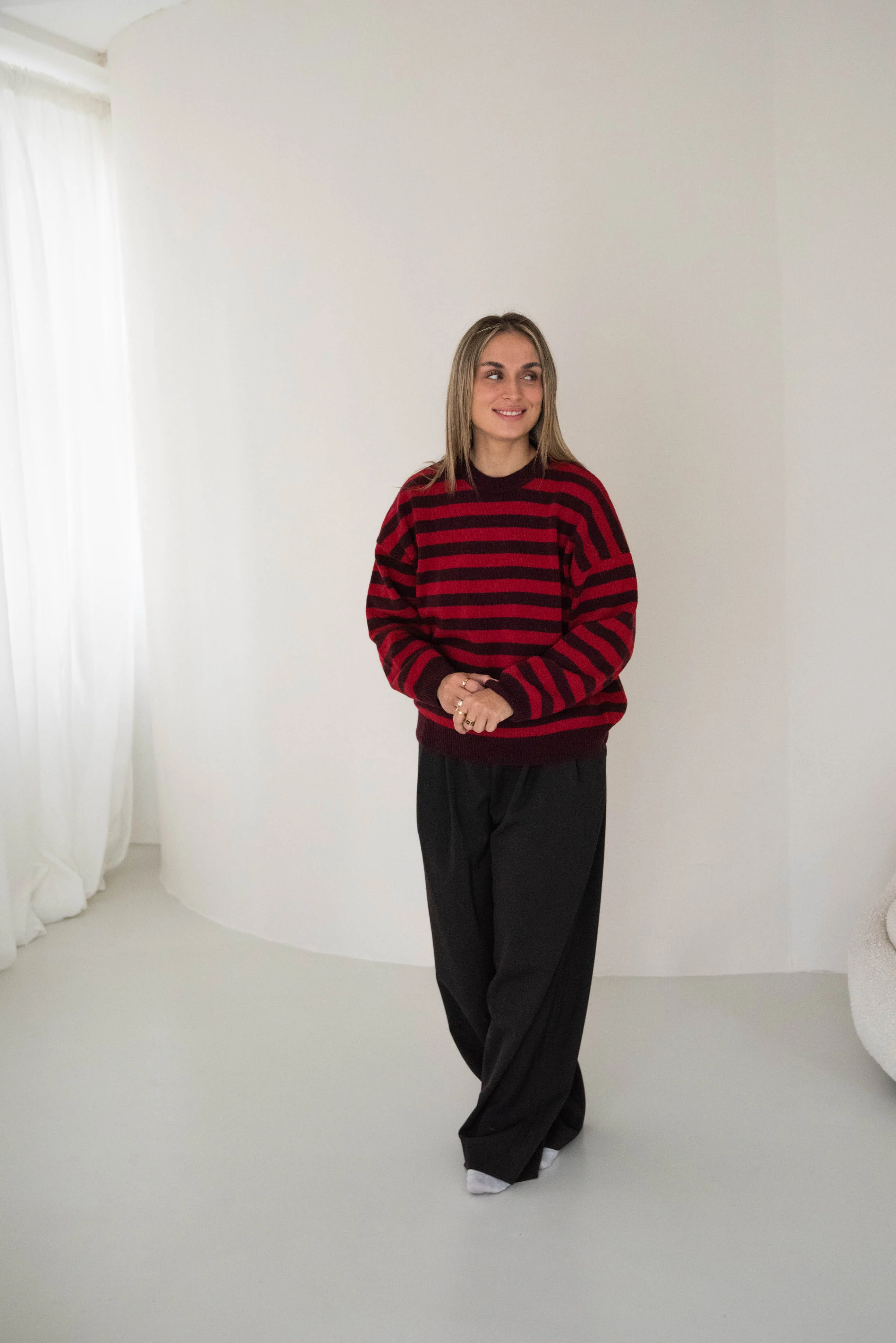 WOMEN MERINO WOOL KNIT PULLI STRIPED BURGUNDY/CHERRY - Image 7
