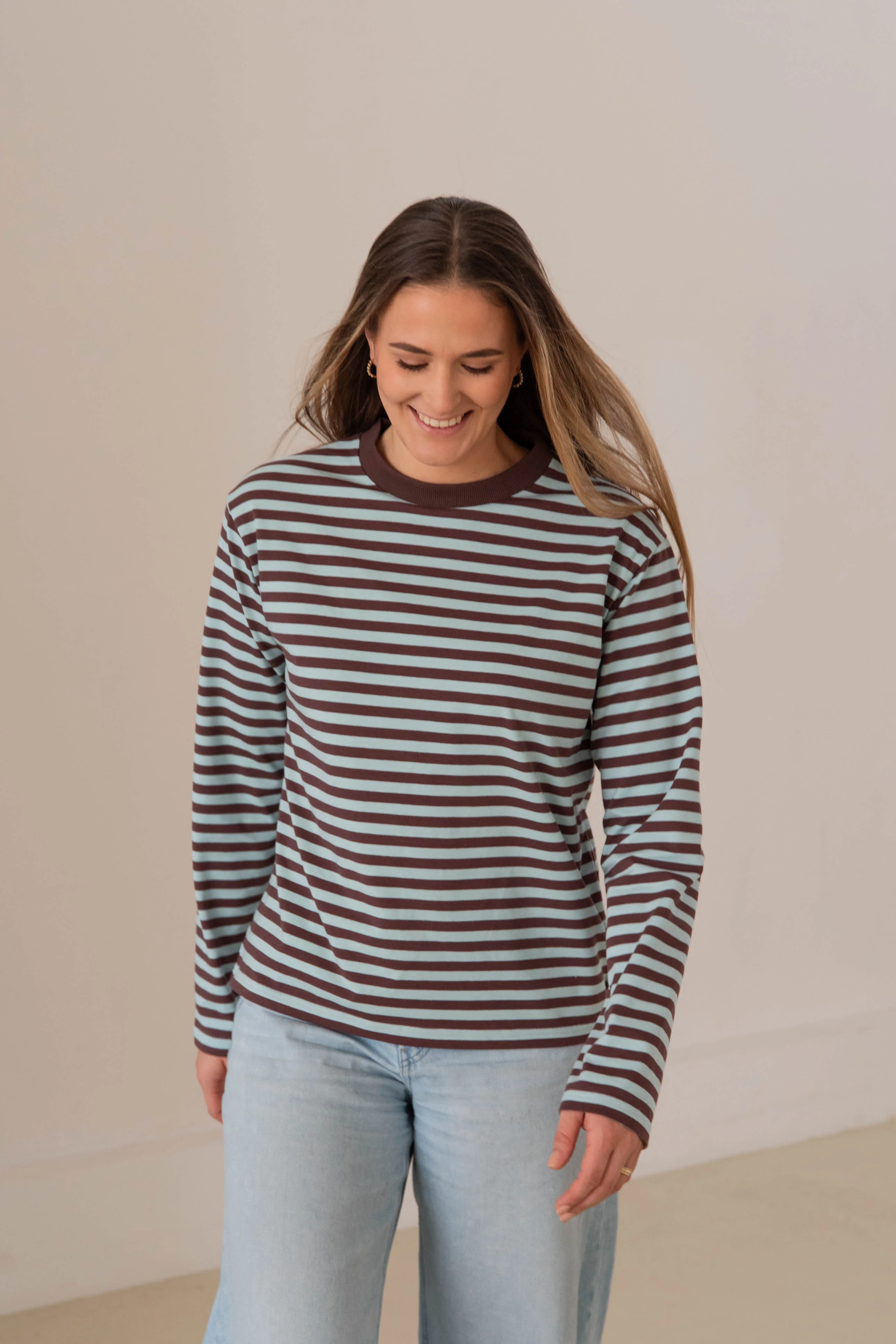 WOMEN OVERSIZE STRIPED LONGSLEEVE AQUA/BROWN